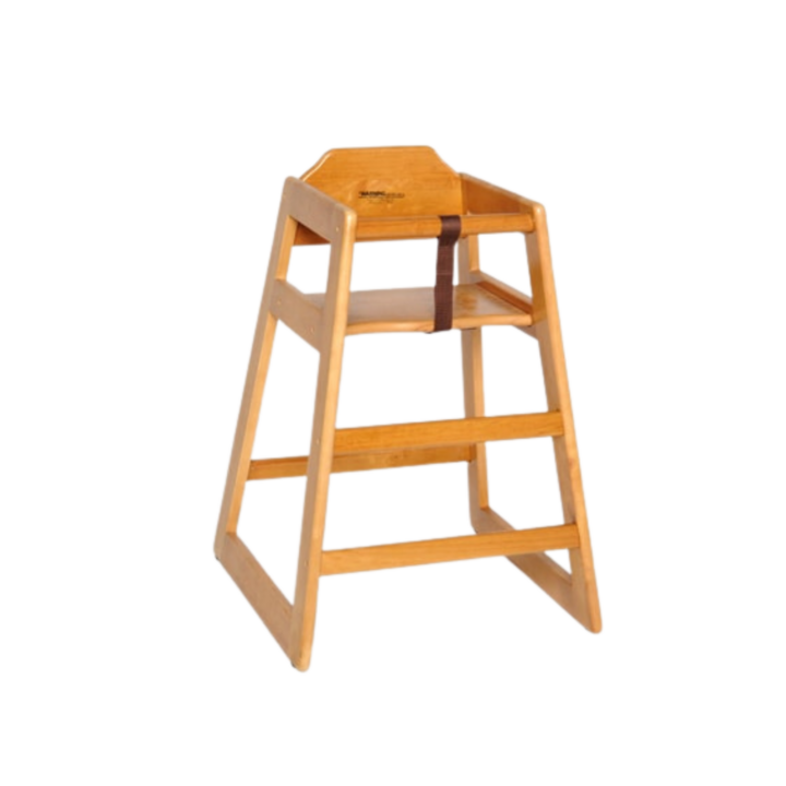 Children’s Wooden High Chair featuring a natural wood finish, safety strap, and sturdy.