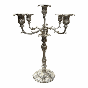 Antique silver five-arm candelabra with ornate detailing and traditional pedestal base, ideal for elegant table centerpieces and formal events.
