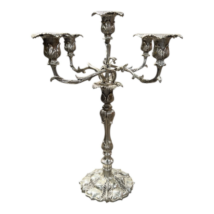 Antique silver five-arm candelabra with ornate detailing and traditional pedestal base, ideal for elegant table centerpieces and formal events.