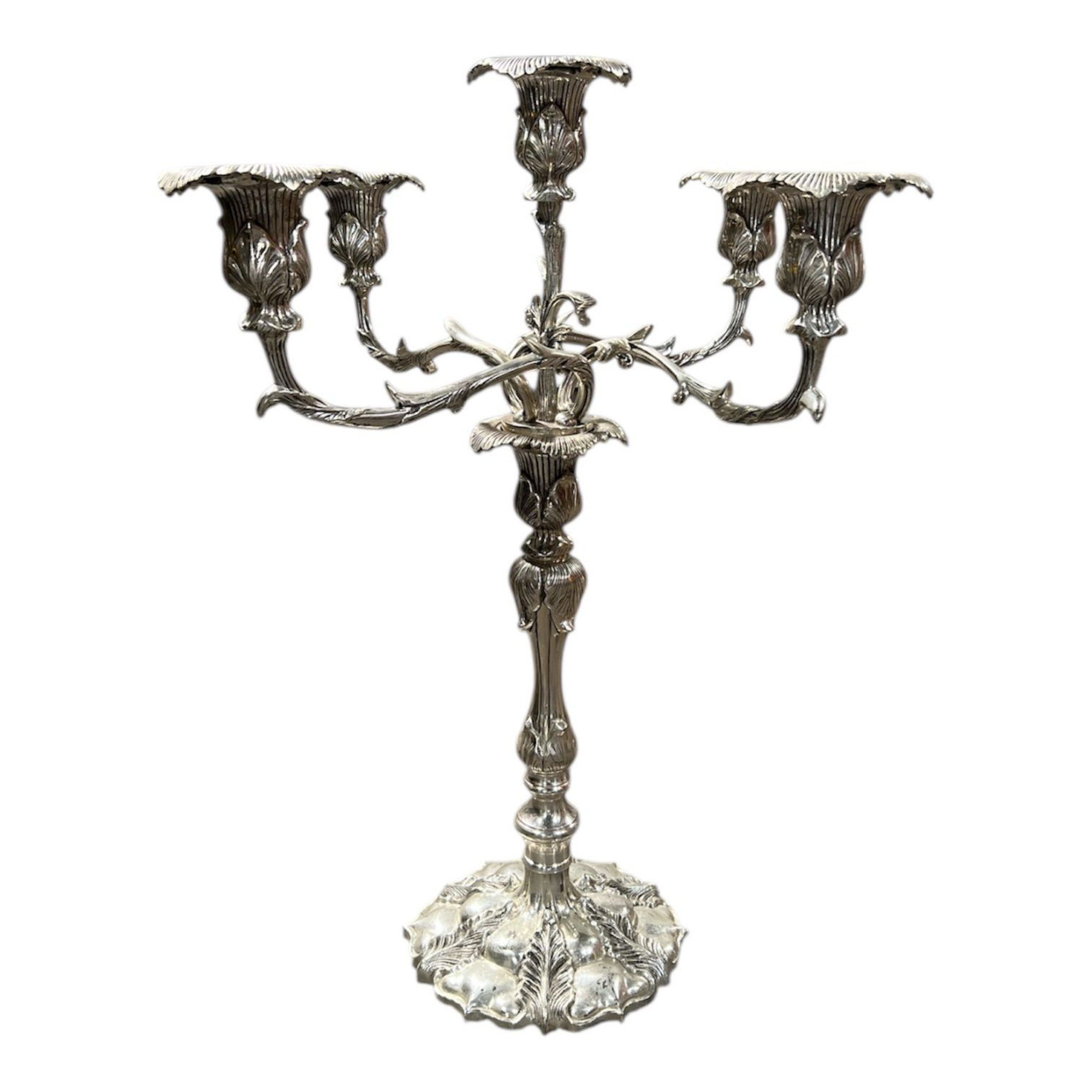 Antique silver five-arm candelabra with ornate detailing and traditional pedestal base, ideal for elegant table centerpieces and formal events.