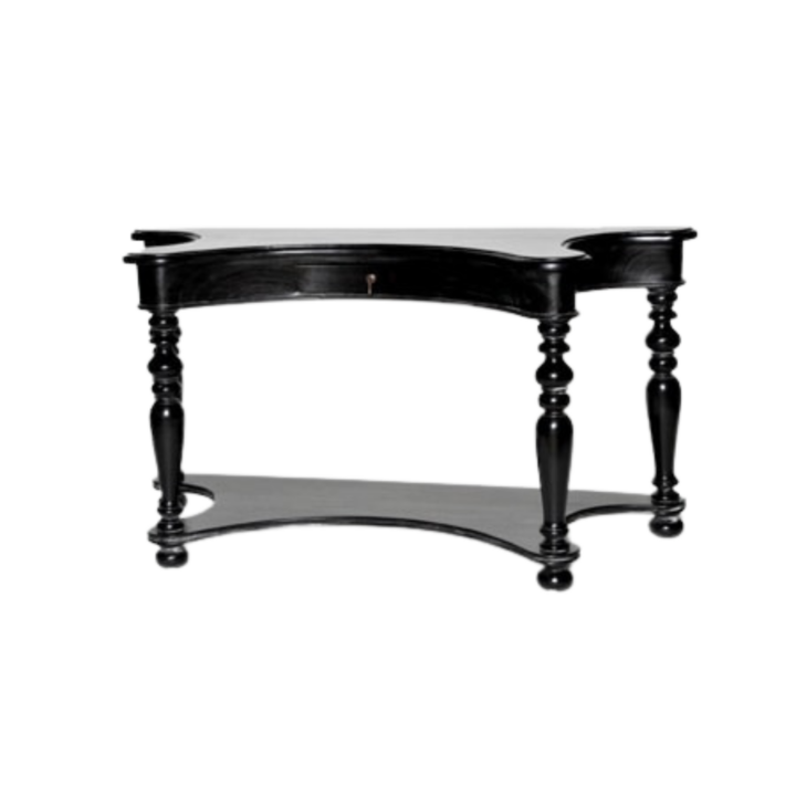 Black wood console table with curved silhouette, turned legs, and lower shelf, shown on a white background.