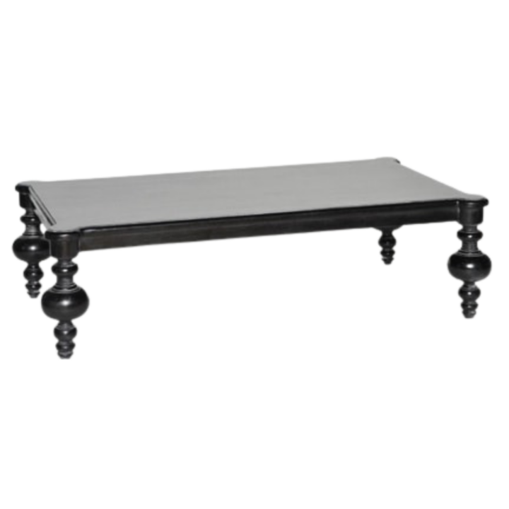 Black wood coffee table with rectangular top and turned legs
