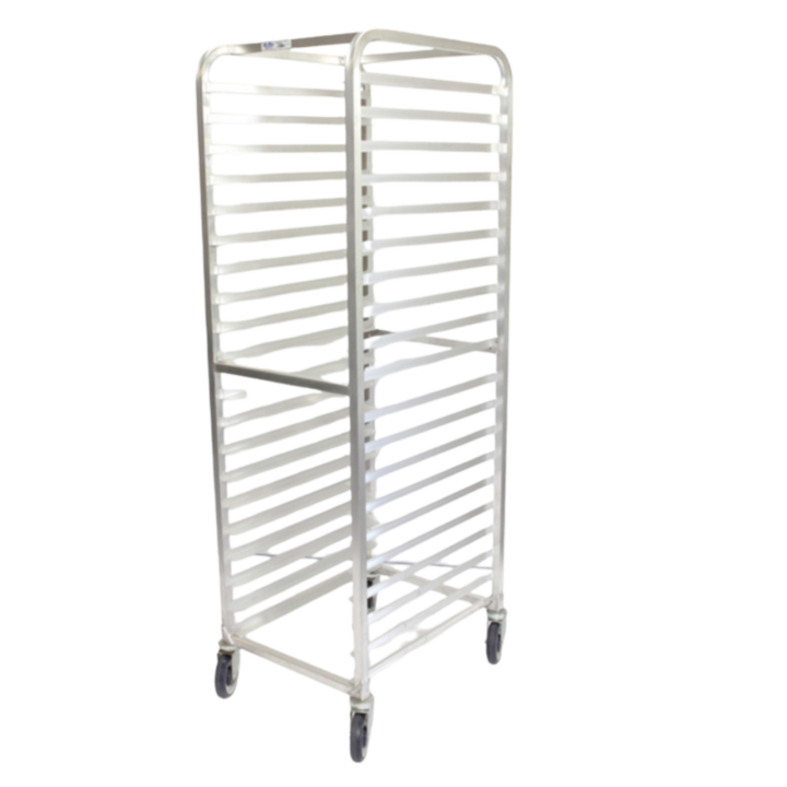 Stainless steel baker’s rack with multiple tray slots and rolling casters, used for transporting sheet pans and catering equipment.