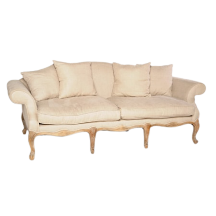Provence natural linen sofa with carved wood frame and plush cushions, 87-inch French-style lounge seating for weddings and events