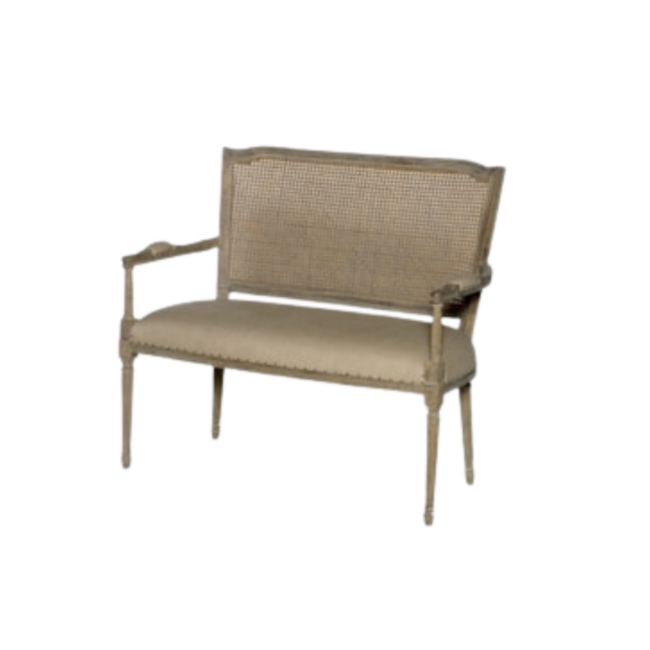 Provence cane back loveseat with natural wood frame and linen seat cushion, 43-inch French provincial bench for weddings and lounge seating
