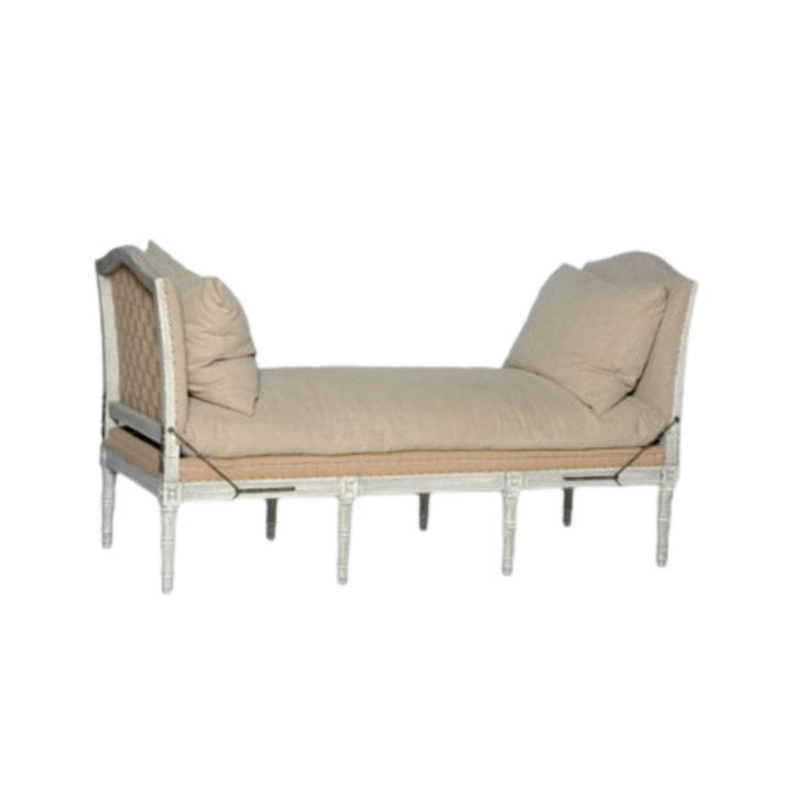 Provence cane daybed with natural wood frame and linen cushion, French provincial lounge seating for weddings and events