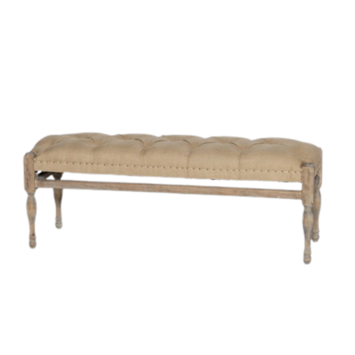 Provence tufted hemp upholstered bench with natural wood frame and turned legs, French provincial style event seating