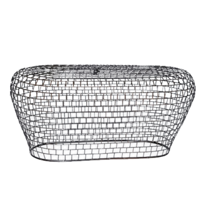Oval black metal wire bench with open mesh design and curved silhouette for modern event seating.