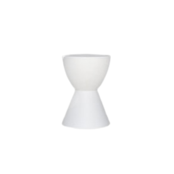 White hourglass-shaped Contempo Sasha stool table, 18 inches high with a smooth modern silhouette, ideal for lounge seating or accent use.