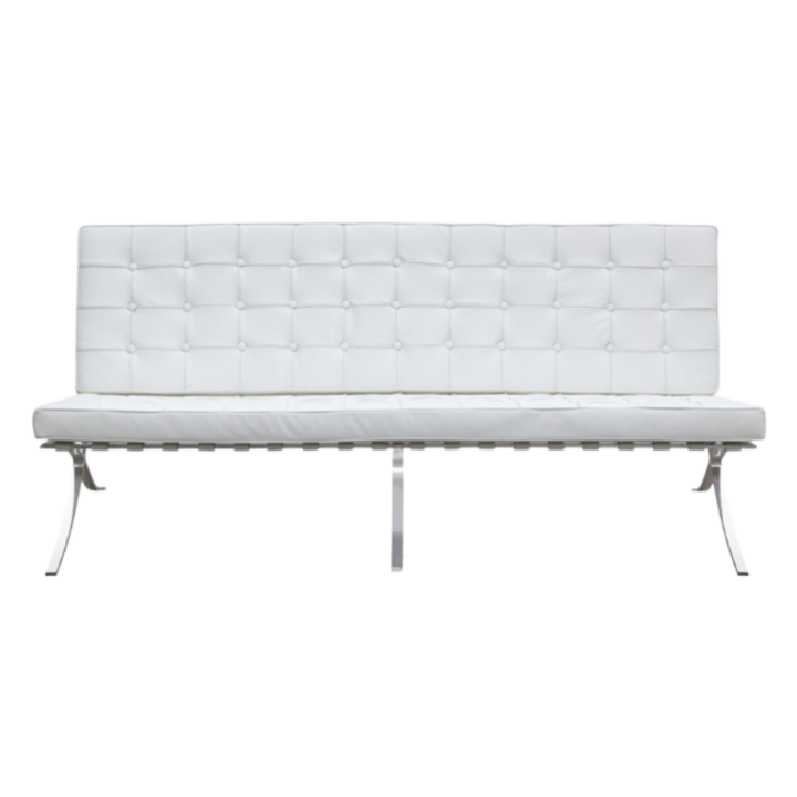 White tufted Barcelona-style 3-seater sofa with chrome legs, modern contempo lounge seating 69 inches wide