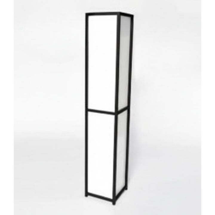 Eight-foot tall modern display tower with slim metal frame in black or silver finish and white inset panels, ideal for event decor, lounge styling, or product display.