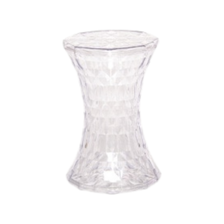 Clear acrylic hourglass stool with faceted geometric texture, 18 inches high, ideal for modern lounge seating or event accent décor.