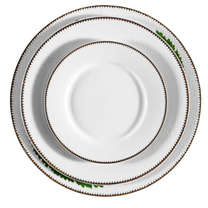 Balmoral china dinner plate and salad plate featuring white embossed detailing with a classic gold rim on fine porcelain.