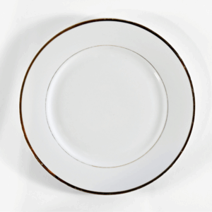 Gold Band Charger Plate, 12-inch — elegant white porcelain charger with a refined metallic gold rim. Perfect for formal dining settings, weddings, and upscale events to add a sophisticated finishing touch to any table design.