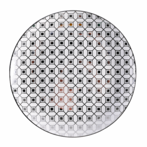 Riva Platinum salad plate measuring 8 inches, featuring a striking geometric black and platinum pattern with a reflective finish for a modern, luxurious tabletop look.