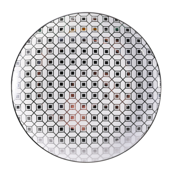 Riva Platinum salad plate measuring 8 inches, featuring a striking geometric black and platinum pattern with a reflective finish for a modern, luxurious tabletop look.