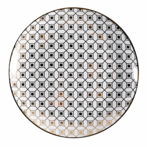 Riva Gold salad plate measuring 8 inches, featuring an elegant geometric black and gold pattern with a glossy finish for a sophisticated and modern tabletop design.