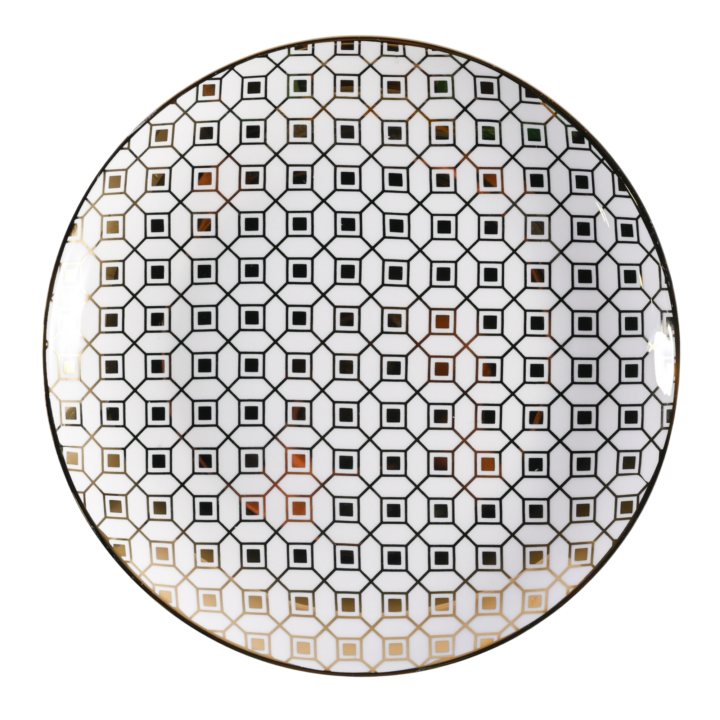 Riva Gold salad plate measuring 8 inches, featuring an elegant geometric black and gold pattern with a glossy finish for a sophisticated and modern tabletop design.