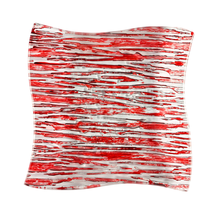 Peppermint Stripe glass plate available in 8.5-inch salad/dessert and 12-inch dinner sizes, featuring a bold red and white striped design with a wavy square shape and glossy finish, perfect for festive or contemporary table settings.
