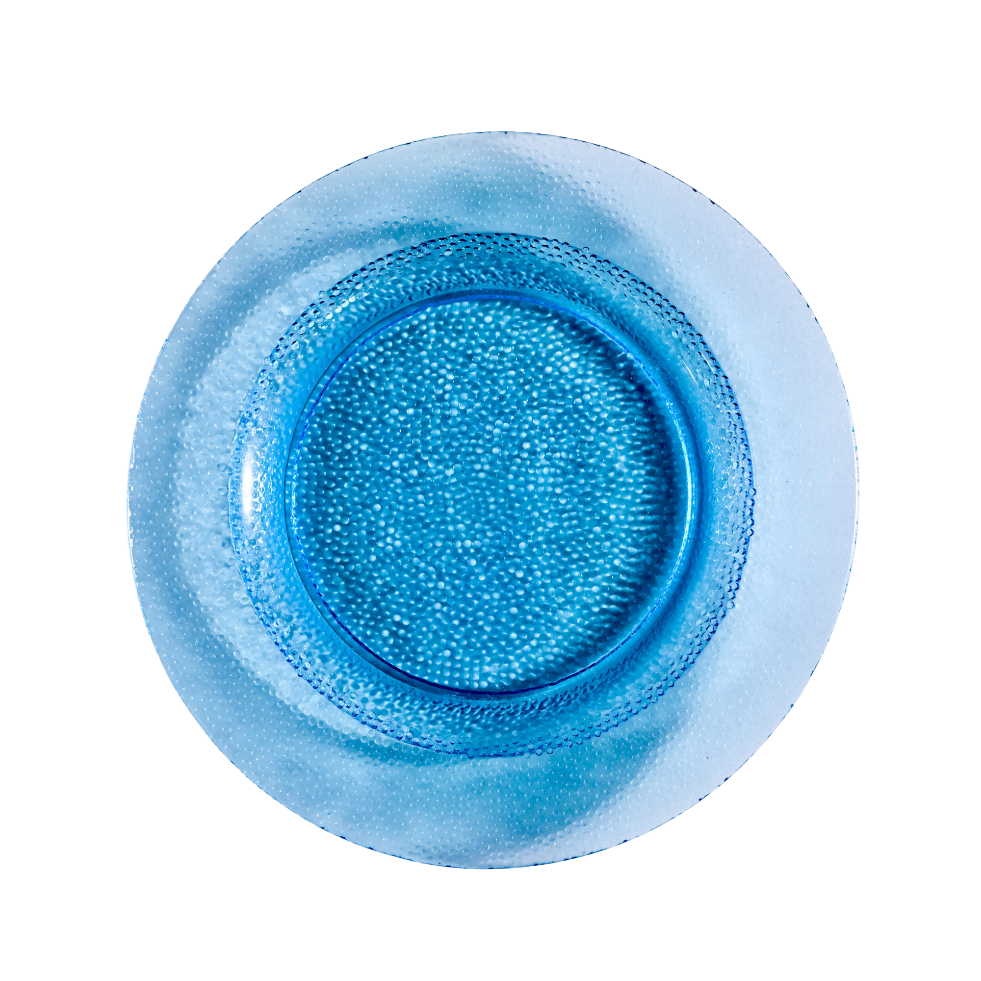Pebble Aquamarine glass plate collection featuring a shimmering ocean-blue textured design, available in 6-inch bread and butter, 8-inch salad/dessert, and 10-inch dinner plate sizes — perfect for coastal or modern event settings.