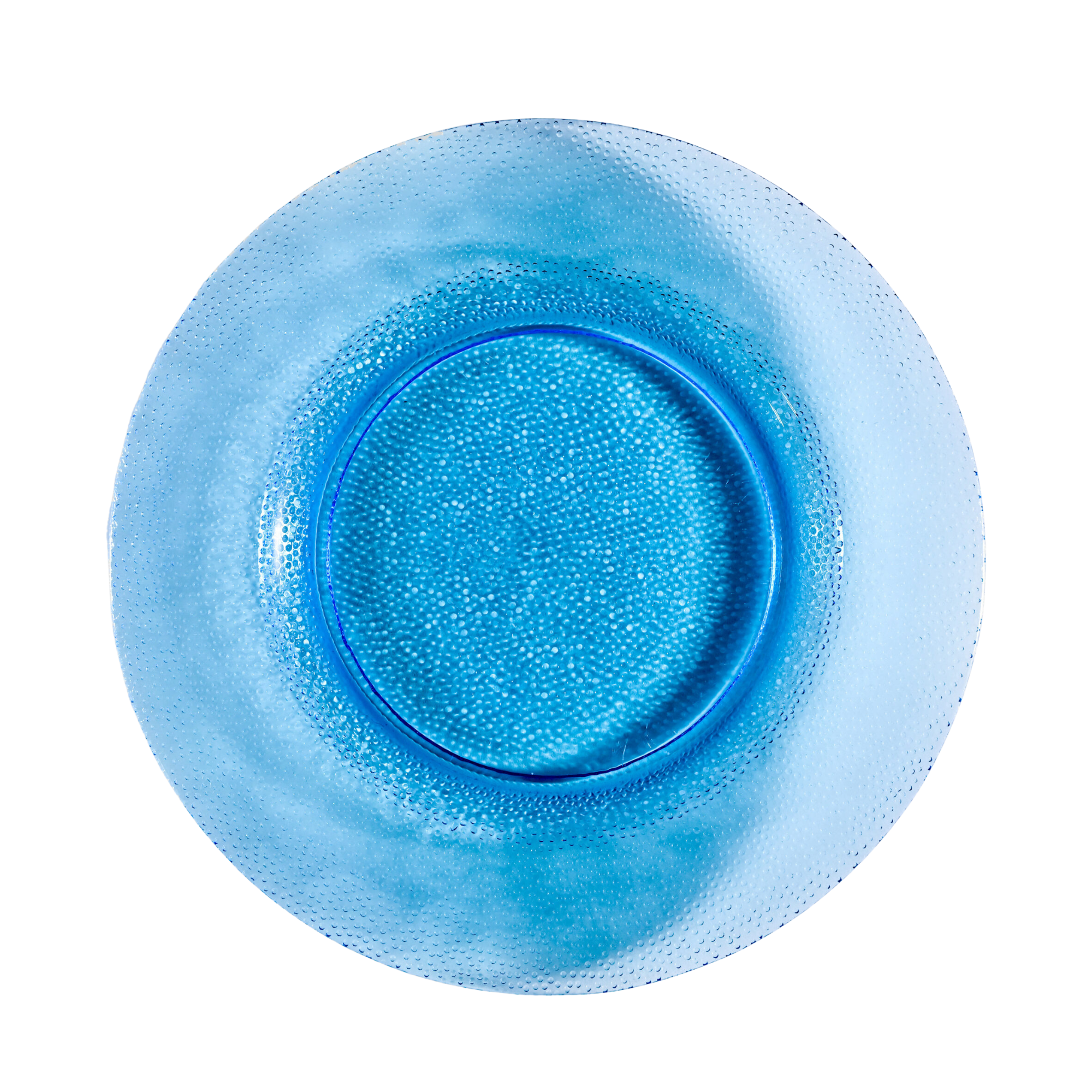 Pebble Aquamarine glass plate collection featuring a shimmering ocean-blue textured design, available in 6-inch bread and butter, 8-inch salad/dessert, and 10-inch dinner plate sizes — perfect for coastal or modern event settings.