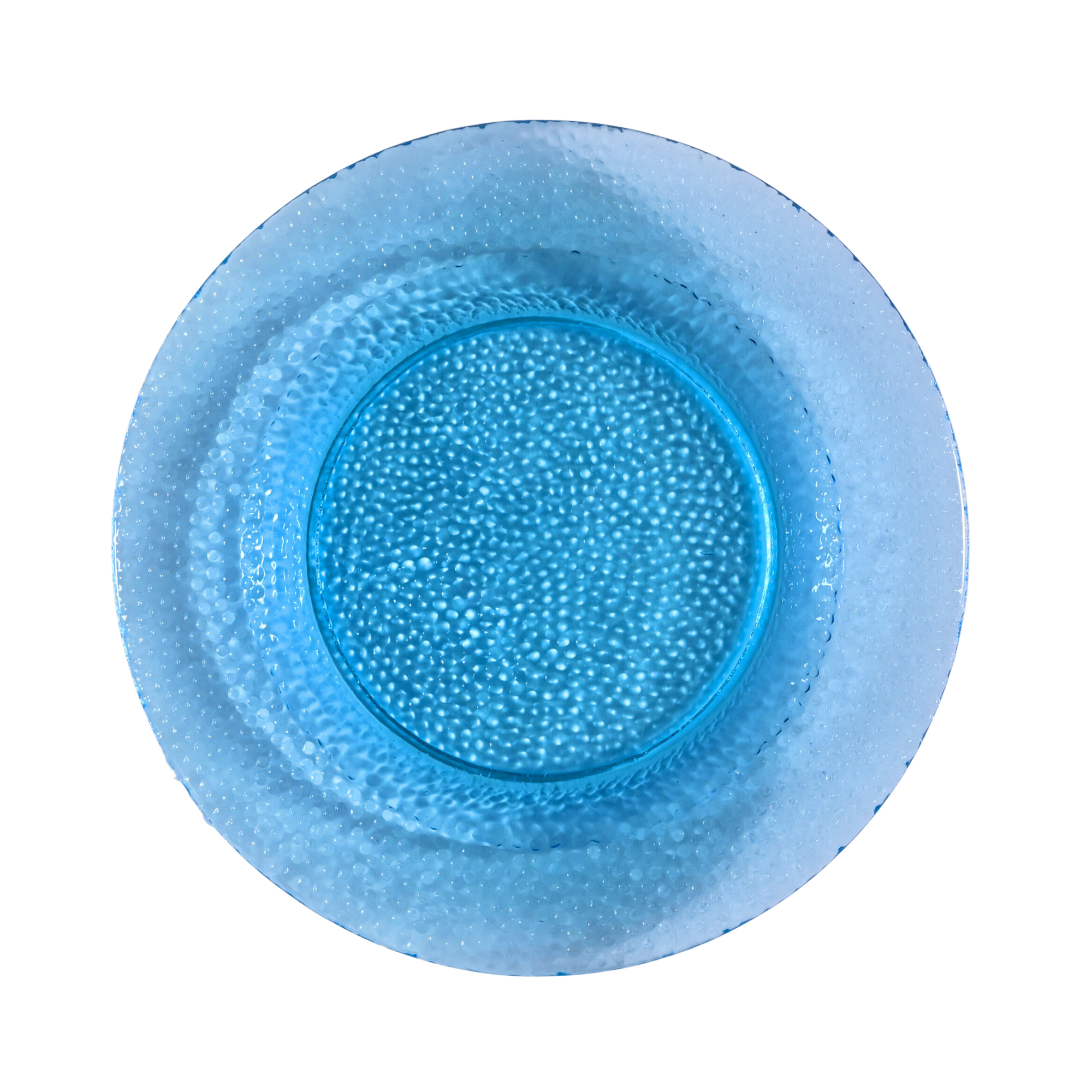Pebble Aquamarine glass plate collection featuring a shimmering ocean-blue textured design, available in 6-inch bread and butter, 8-inch salad/dessert, and 10-inch dinner plate sizes — perfect for coastal or modern event settings.