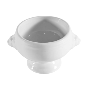 White ceramic Lion Head Soup Bowl featuring classic sculpted lion head handles and a pedestal base, perfect for serving soups, stews, or chowders with an elegant, timeless presentation.