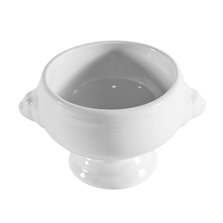 White ceramic Lion Head Soup Bowl featuring classic sculpted lion head handles and a pedestal base, perfect for serving soups, stews, or chowders with an elegant, timeless presentation.