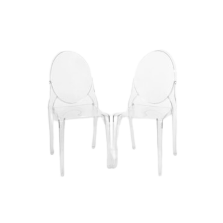Acrylic Ghost Chair in clear finish featuring a sleek oval back and smooth, transparent design.