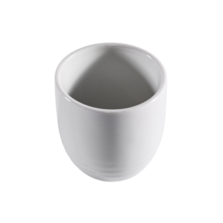Classic White Rim Sake Cups in smooth porcelain, available in 2 oz. and 2.5 oz. sizes. These minimalist white sake cups feature a clean rounded design with a subtle rim, ideal for elegant dining or cocktail service.