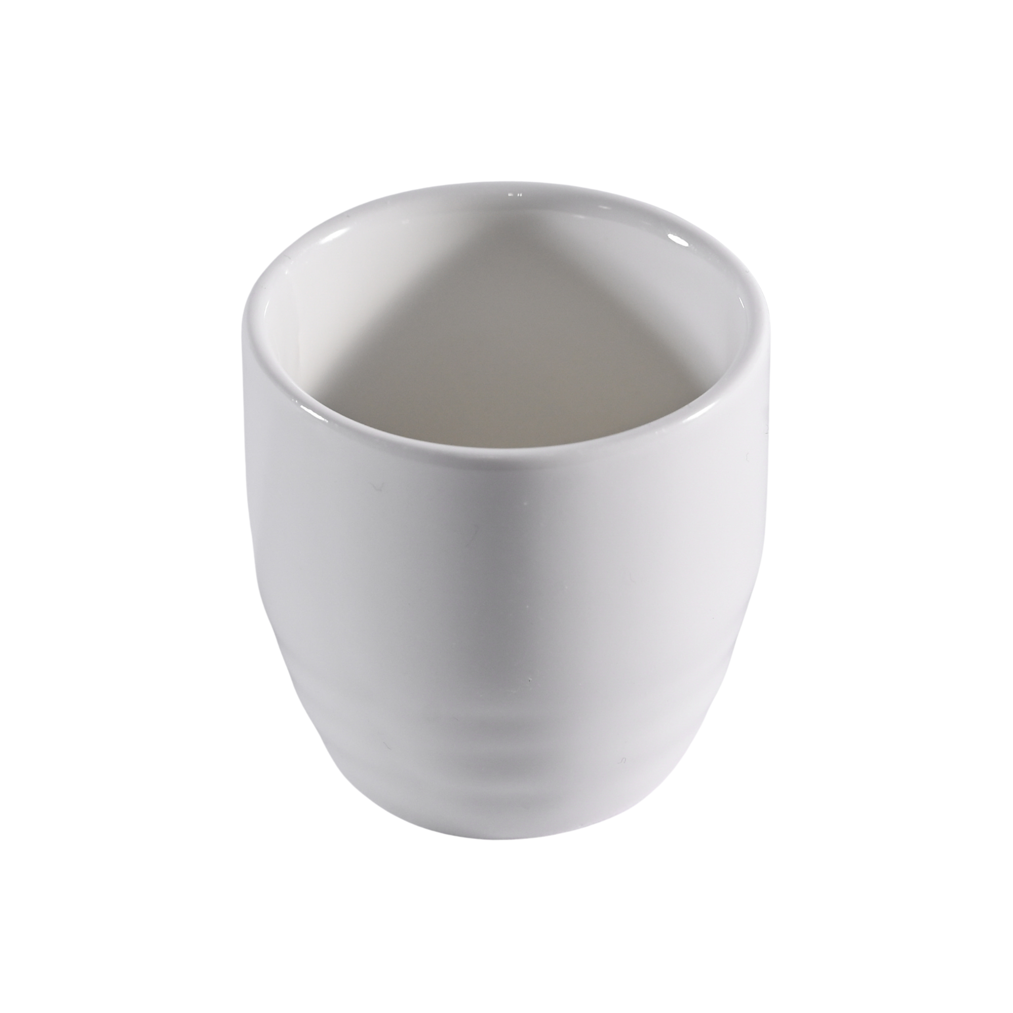Classic White Rim Sake Cups in smooth porcelain, available in 2 oz. and 2.5 oz. sizes. These minimalist white sake cups feature a clean rounded design with a subtle rim, ideal for elegant dining or cocktail service.