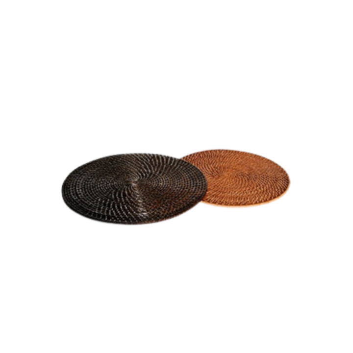 Rattan Placemats — shown in light brown (14" round) and dark brown (15.5" round) — featuring handwoven designs with tight circular weaves that bring a natural, textured touch to any tablescape.