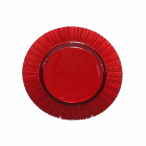 Red Glass Charger — a vibrant red glass plate featuring a textured, ridged rim and glossy finish, perfect for adding a bold pop of color to elegant table settings.