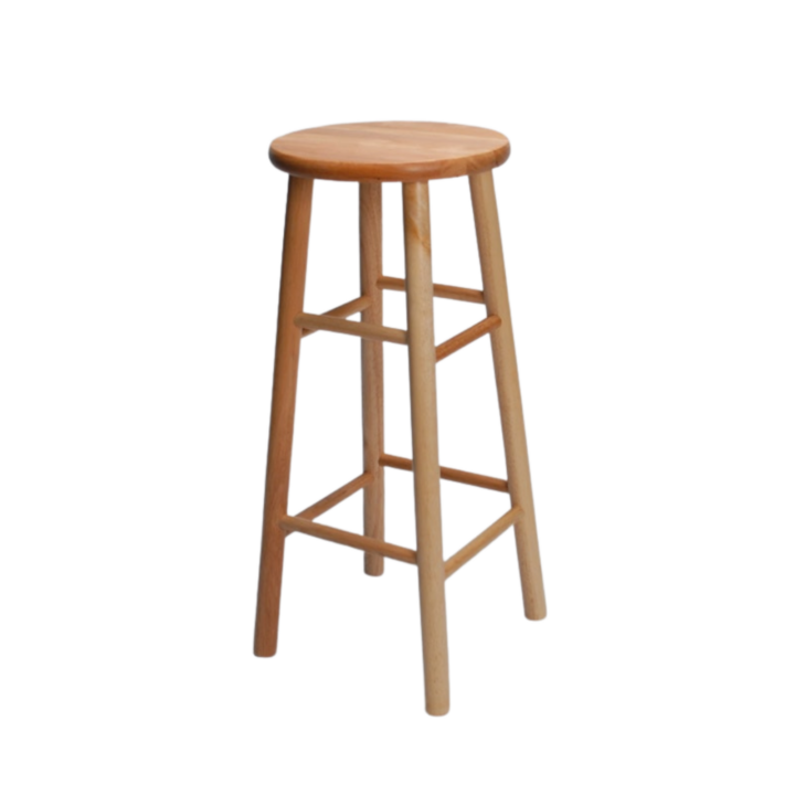 Wooden Bar Stool in natural finish featuring a round seat and sturdy four-leg frame with footrests.