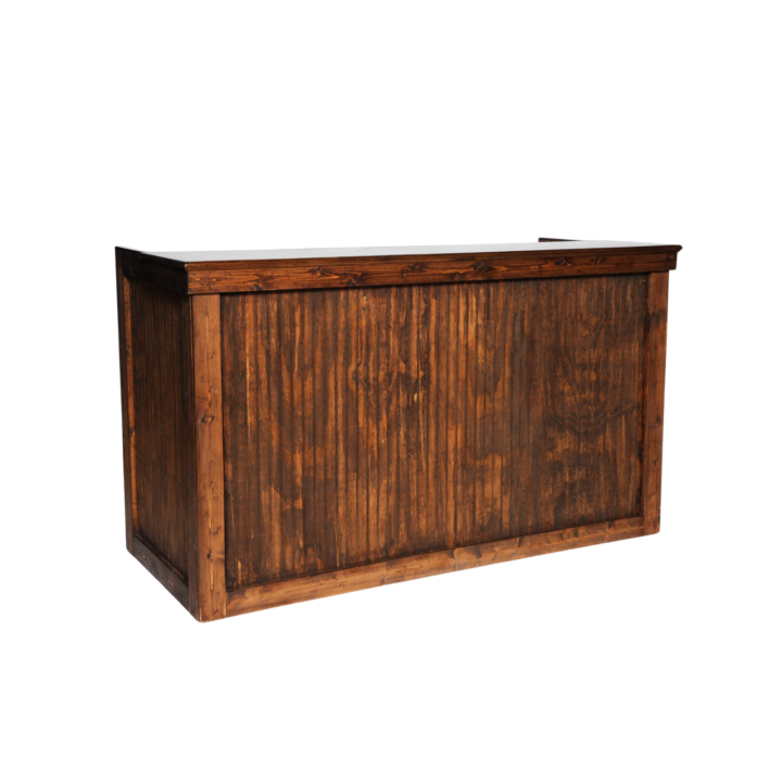 Capri Bar in natural wood finish with vertical slat paneling, measuring 6 feet 8 inches wide by 4 feet high by 35 inches deep. A rustic and elegant bar ideal for weddings, outdoor events, or cocktail receptions.