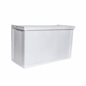 Capri Bar in taupe finish with vertical slat paneling, measuring 6 feet 8 inches wide by 4 feet high by 35 inches deep. A clean, coastal-inspired bar ideal for weddings, outdoor parties, and elegant event setups.