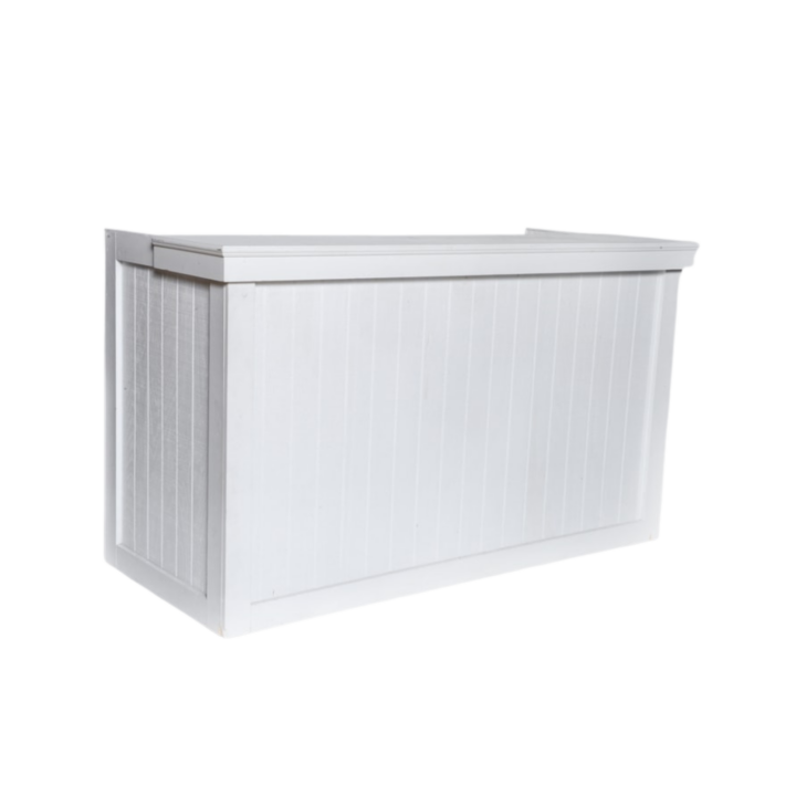 Capri Bar in taupe finish with vertical slat paneling, measuring 6 feet 8 inches wide by 4 feet high by 35 inches deep. A clean, coastal-inspired bar ideal for weddings, outdoor parties, and elegant event setups.
