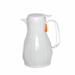 White 44-ounce thermal server with a curved handle, secure lid, and pour spout. Features a lightweight, insulated design ideal for keeping beverages hot or cold during service.