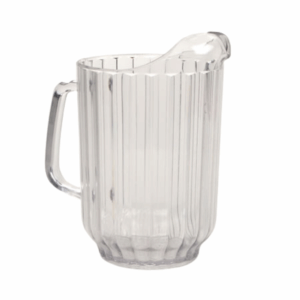 Clear plastic beverage pitcher with a ribbed design, sturdy handle, and wide spout for easy pouring. Lightweight and durable, ideal for serving water, tea, or juice at events.