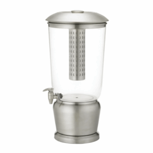 Optima 5-gallon beverage dispenser with a clear acrylic body and stainless steel base, lid, and infuser tube. Features a sleek design with a built-in spigot for easy pouring, ideal for serving water, tea, or infused beverages at events.