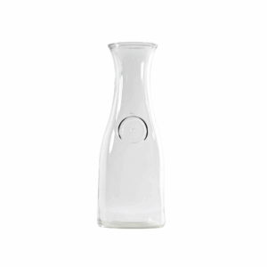Clear glass all-purpose carafe with a 32-ounce capacity, featuring a classic curved silhouette and embossed circular detail. Perfect for serving water, juice, or wine at events or table settings.