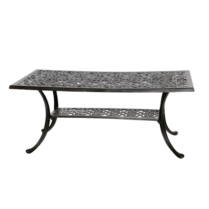 Bronze aluminum coffee table with ornate scrollwork top and curved legs, 45 by 24 inch outdoor patio table.