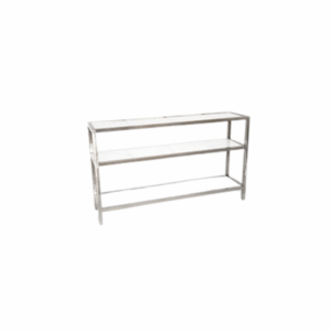 Boulevard Silver Bar Back featuring a polished silver metal frame with two glass shelves. A sleek, modern shelving unit perfect for displaying glassware, bottles, or event décor behind the bar setup.