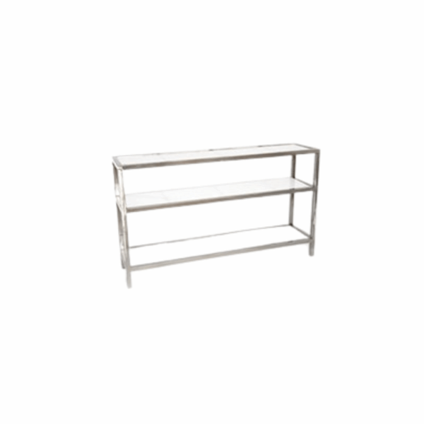 Boulevard Silver Bar Back featuring a polished silver metal frame with two glass shelves. A sleek, modern shelving unit perfect for displaying glassware, bottles, or event décor behind the bar setup.