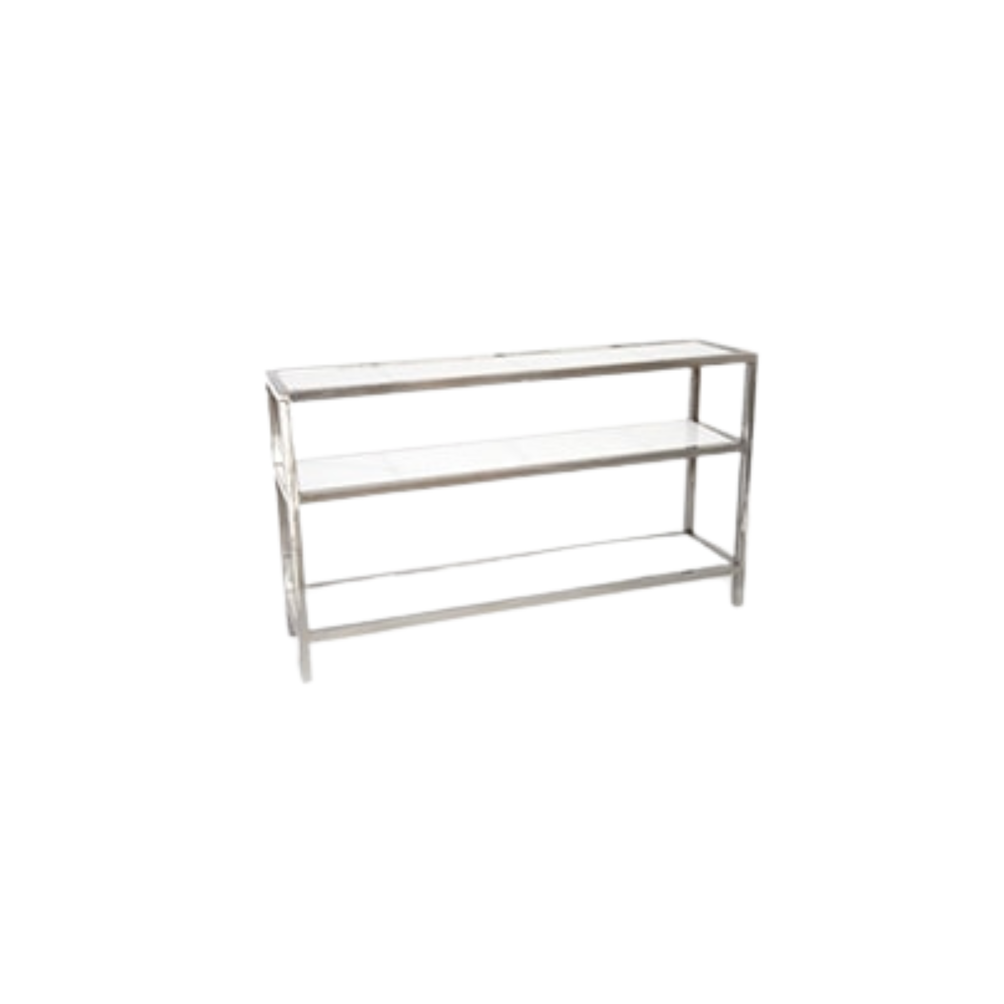 Boulevard Silver Bar Back featuring a polished silver metal frame with two glass shelves. A sleek, modern shelving unit perfect for displaying glassware, bottles, or event décor behind the bar setup.