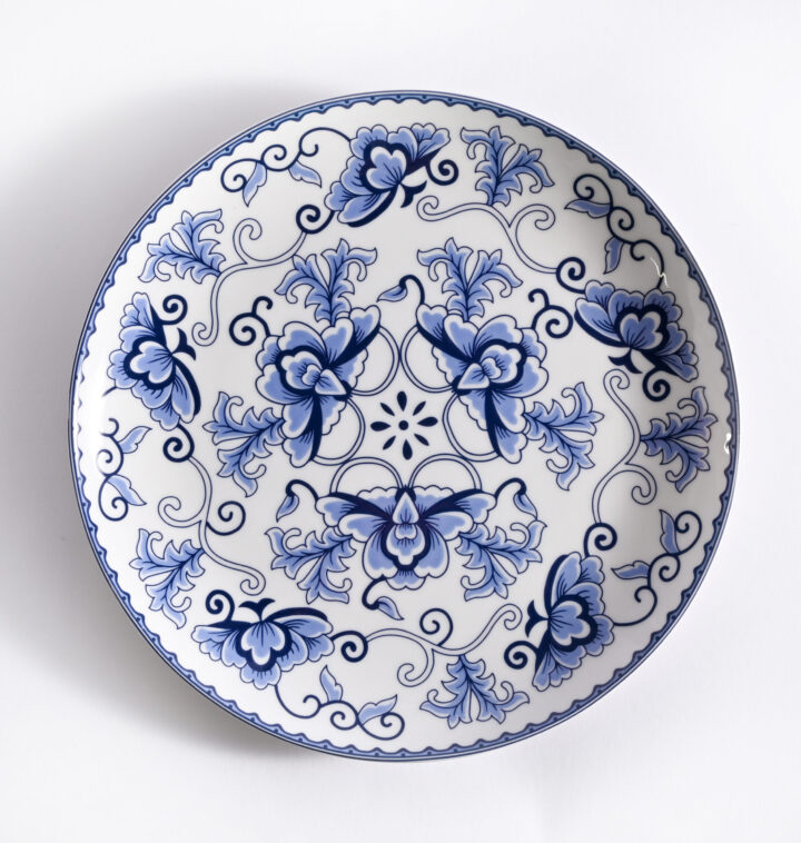 Corsica Coupe Salad Plate measuring 8 inches, featuring an elegant blue and white floral motif with intricate scroll detailing — a timeless Mediterranean-inspired design perfect for classic or coastal table settings.