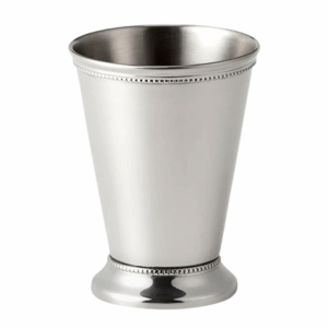 Polished stainless steel julep cup with a 12 oz capacity, featuring a smooth tapered body and beaded detailing along the rim and base. Ideal for serving mint juleps, cocktails, or specialty beverages at events.