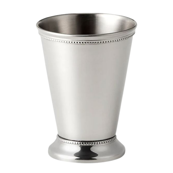 Polished stainless steel julep cup with a 12 oz capacity, featuring a smooth tapered body and beaded detailing along the rim and base. Ideal for serving mint juleps, cocktails, or specialty beverages at events.