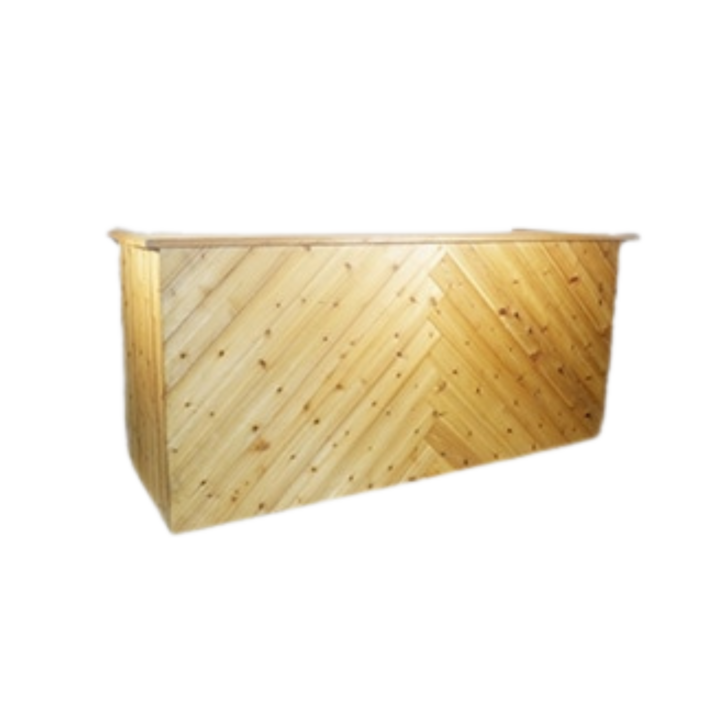 8-foot herringbone wood bar with natural pine finish and chevron plank detailing, ideal for weddings, cocktail hours, and event beverage service.