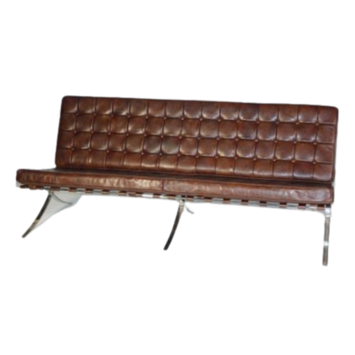 Brown leather Barcelona-style 3-seater sofa with tufted back and chrome legs, 69 inches wide